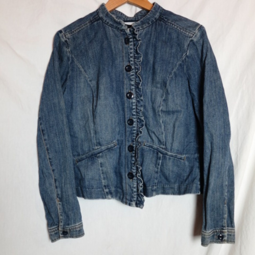 New York & Co Blue Jean Jacket | Fitted Ruffle